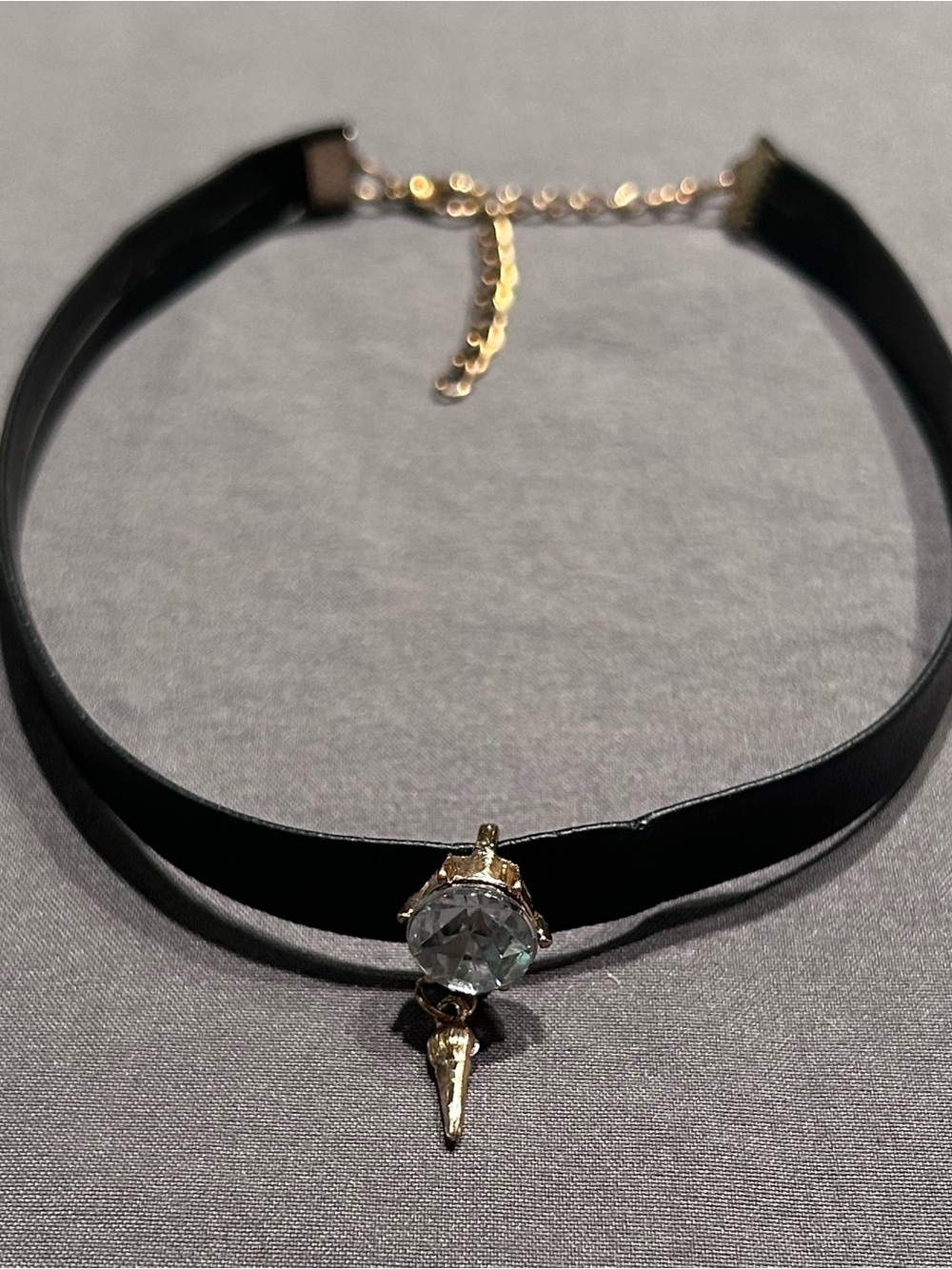 ❌SOLD❌Black Faux Leather Gemstone Choker Necklace with Dangly Spike